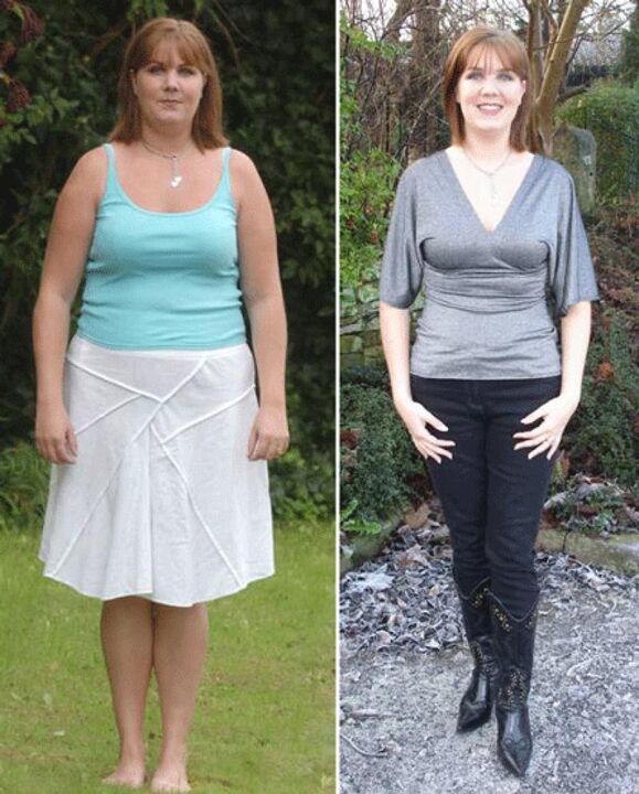 Nainen ennen ja jälkeen laihduttamisen kefir-dieetillä