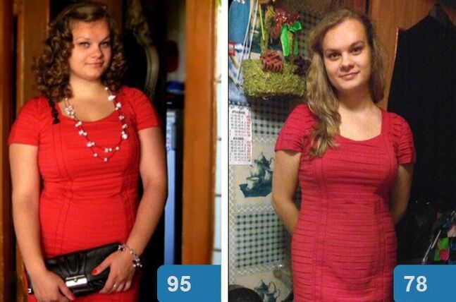 Tyttö ennen ja jälkeen laihduttamisen 4 viikossa Maggi-ruokavaliolla